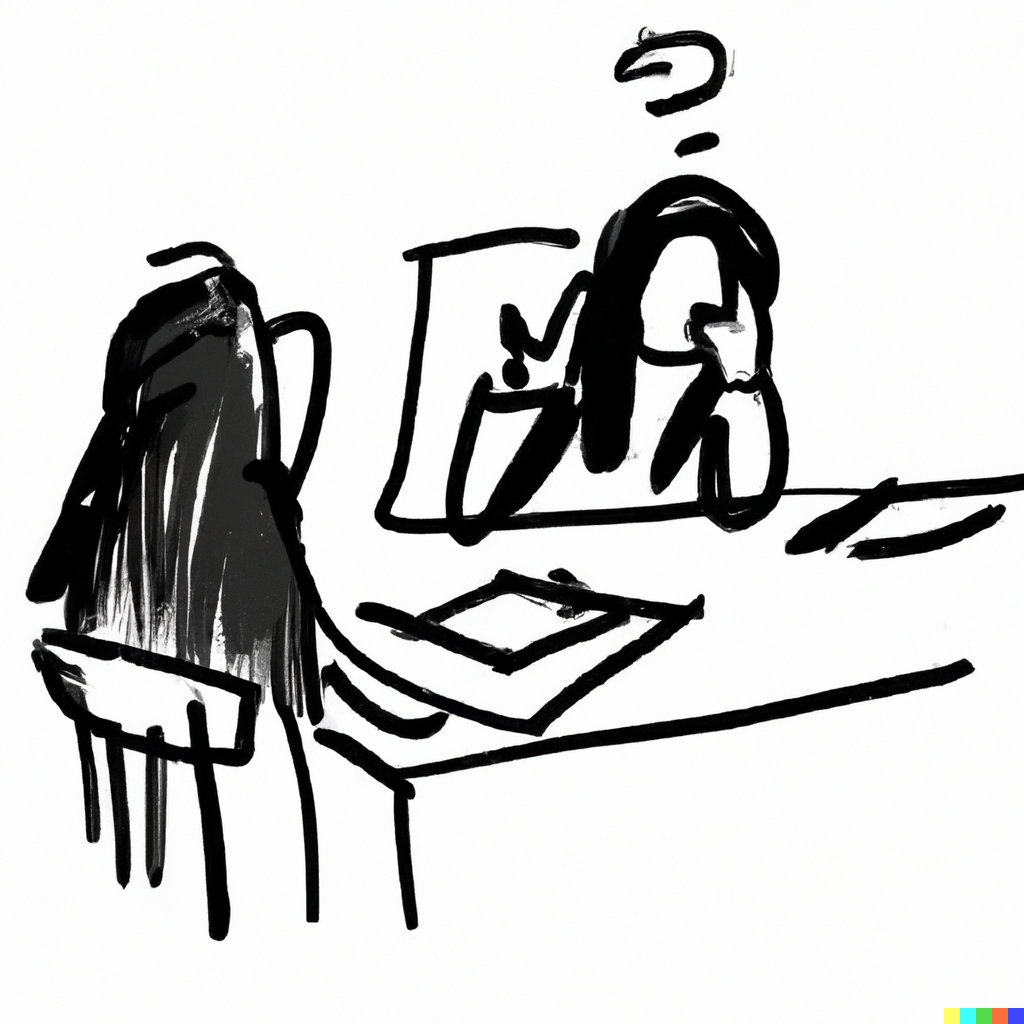 Dall-E rendering of a woman at a table in a meeting painting an award winning piece of art when she's supposed to be listening to the presenter