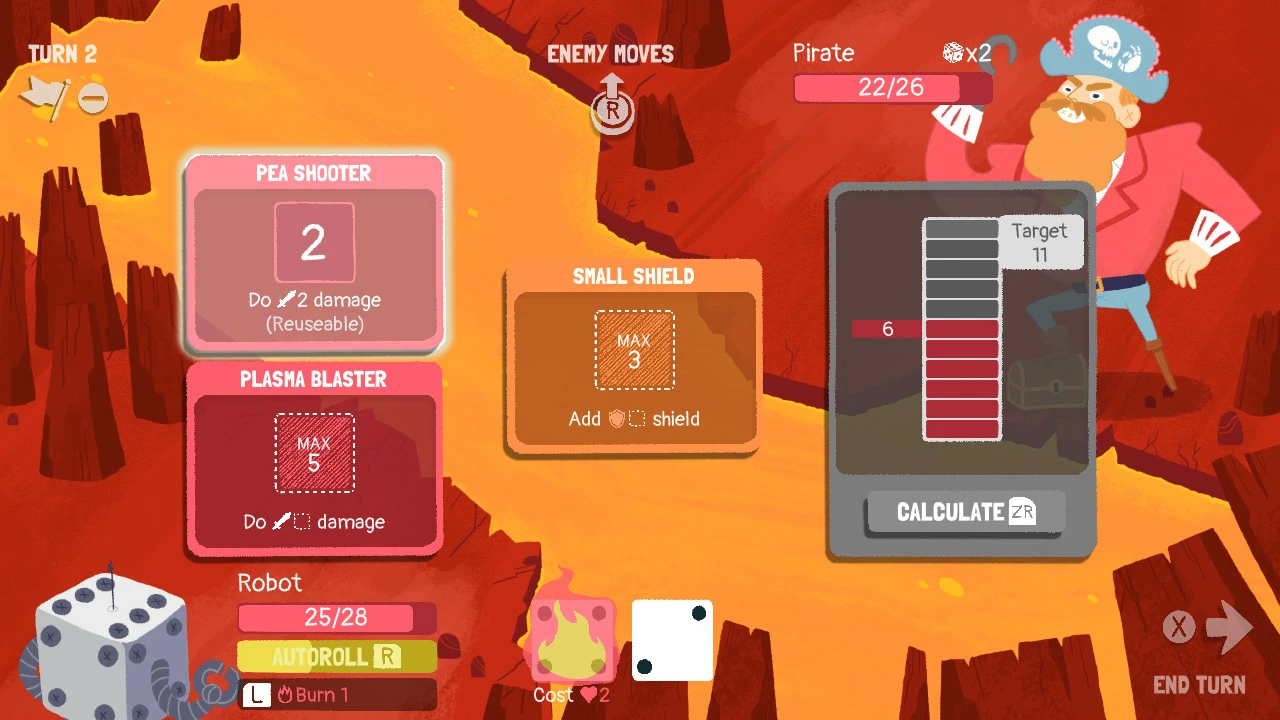 The robot, in the lower left corner, battles the pirate, in the upper right. The robot's equipment are on display.