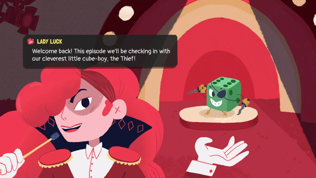 The thief is in the top right on a stage with a spotlight on him, lady luck in the bottom left taunts him.